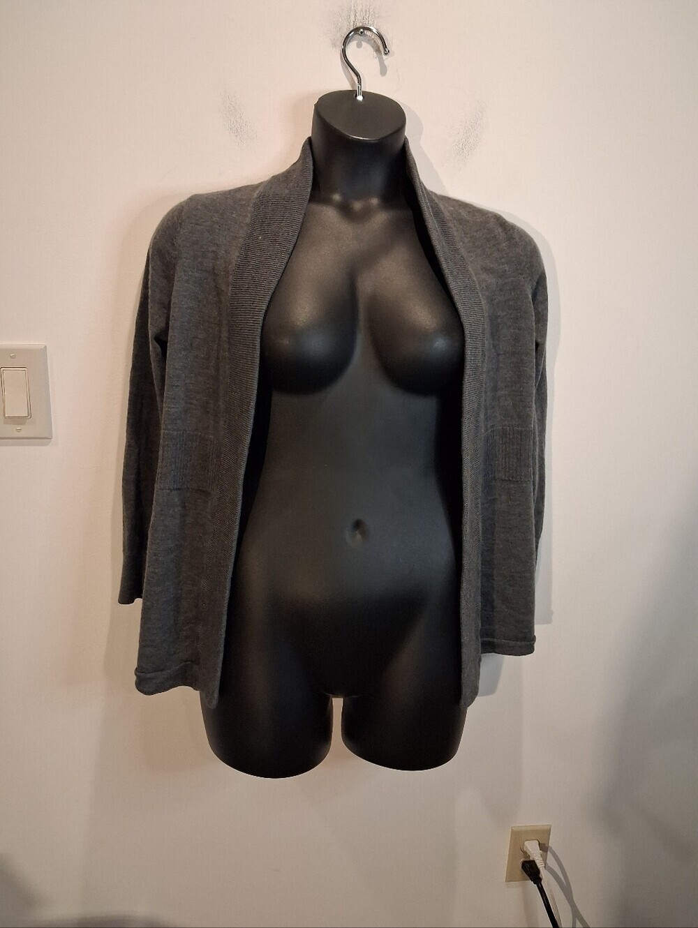 Talbots Size 1x 100% Wool Gray Open Front Knit Cardigan